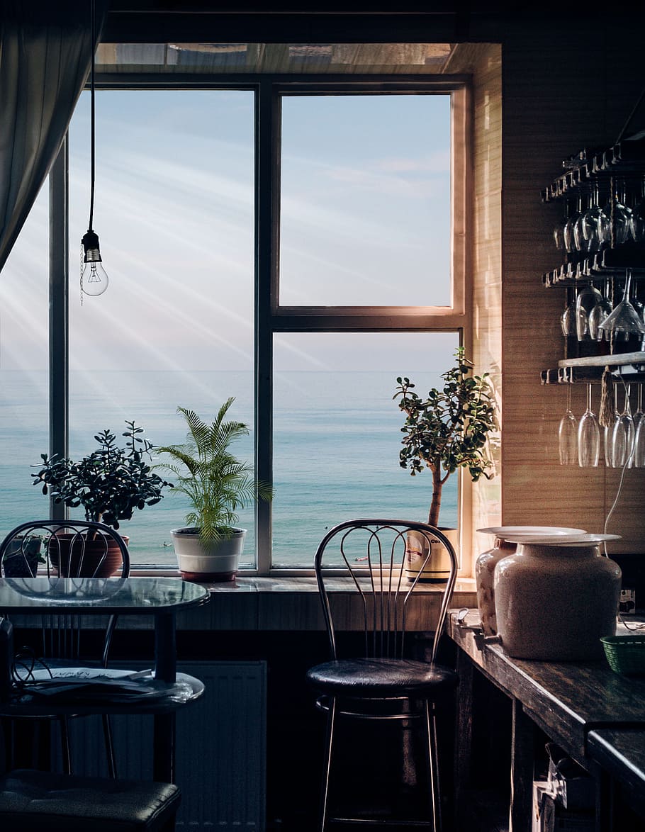 black bar stool near glass window, interior, stall, rays, sea HD wallpaper