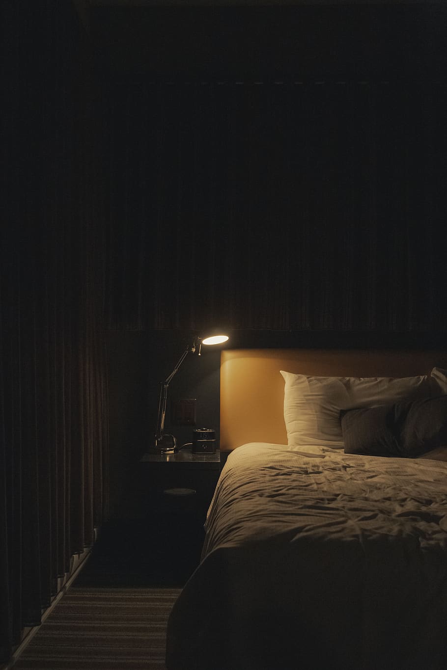 turned on study lamp beside bed, furniture, bedroom, domestic room HD wallpaper