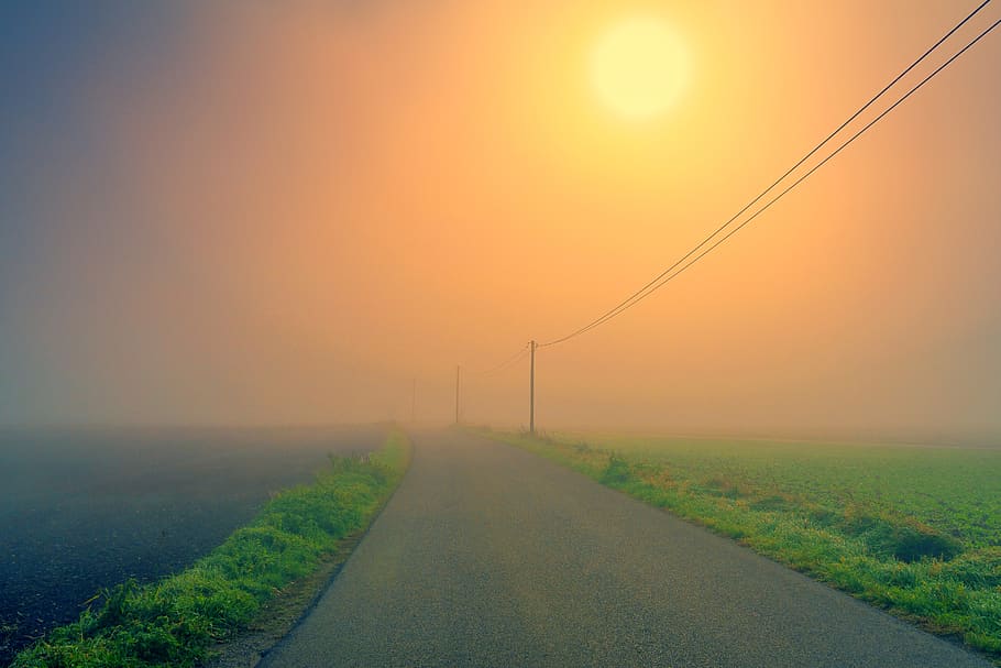 Gray Concrete Road Beside Grass, cables, clouds, electrical post HD wallpaper