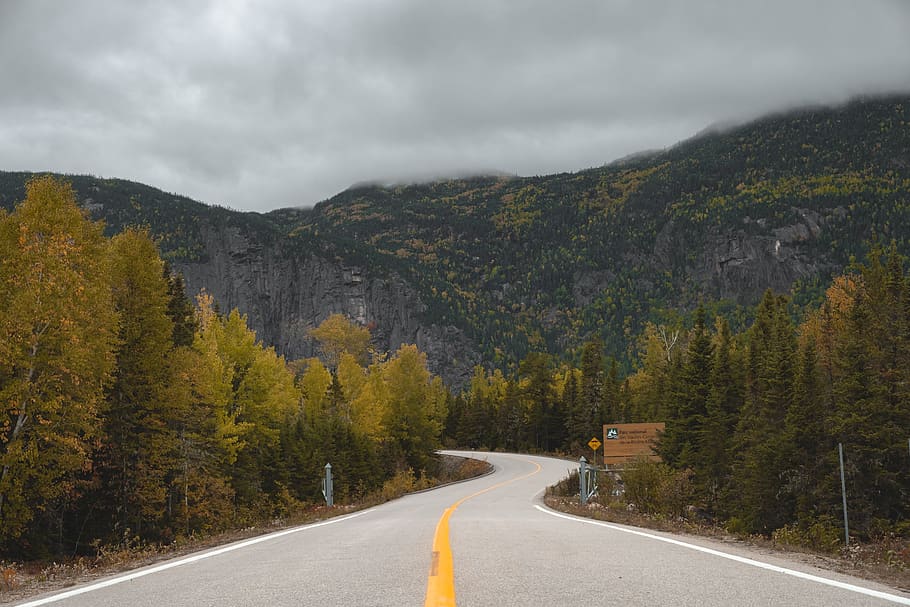canada, clermont, mountains, roads, trees, clouds, forests HD wallpaper