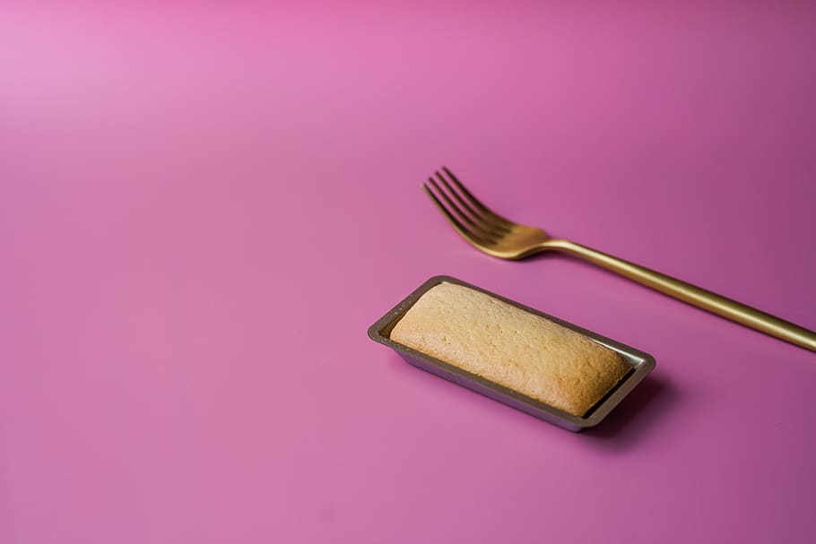 Brown Fork Beside Cake, close-up, colors, flatware, purple background HD wallpaper