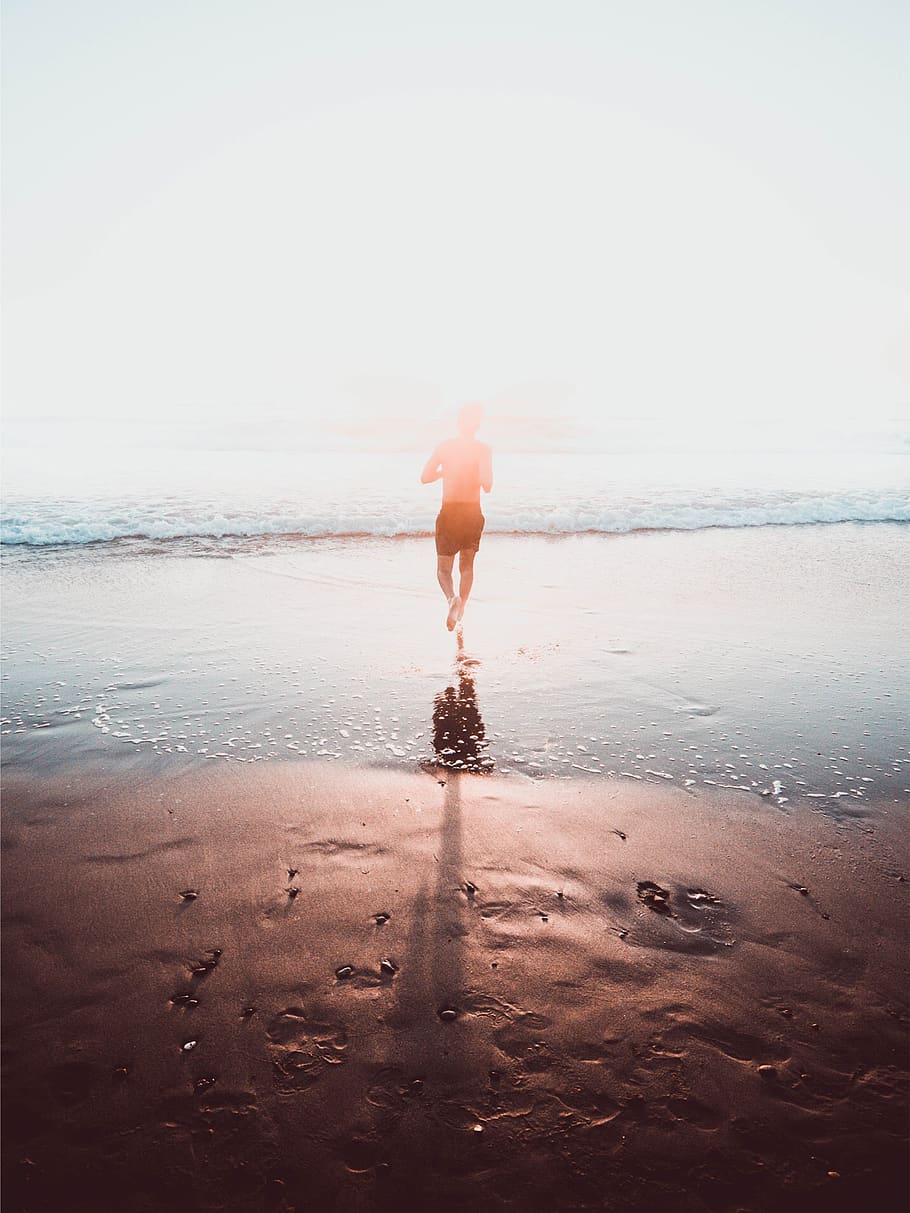 Person Running Towards Sea, beach, man, nature, ocean, sand, seascape HD wallpaper