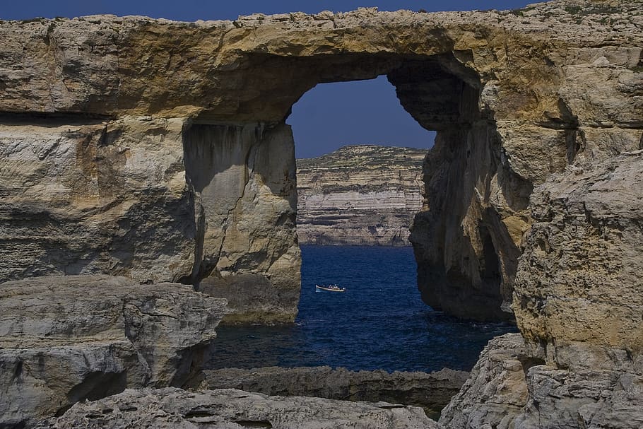 azure, window, gozo, malta, sea, blue, water, rock, arch, mediterranean HD wallpaper