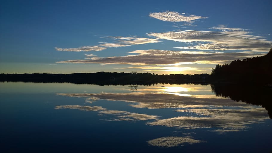 lake, sky, sunset, clouds, reflection, mirroring, water, tranquility HD wallpaper