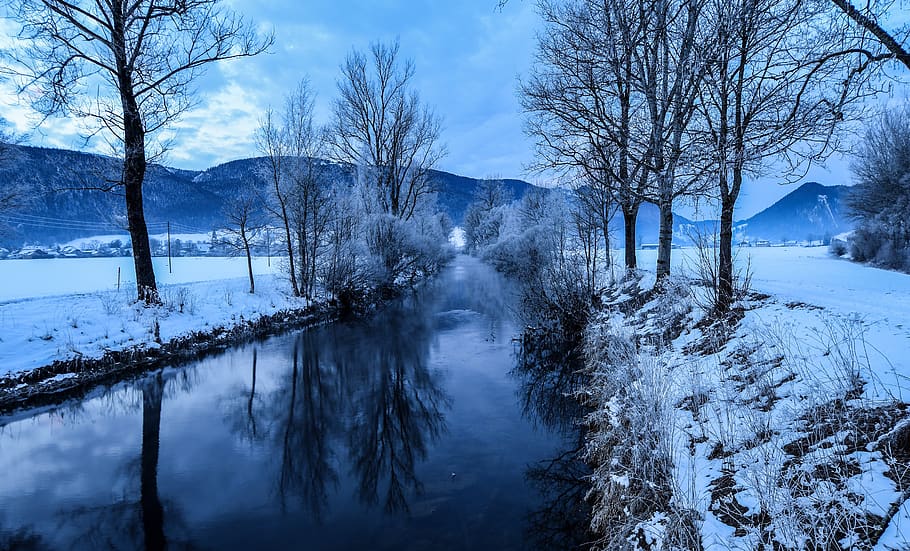 river, snow, winter, trees, landscape, path, aurora, clouds HD wallpaper