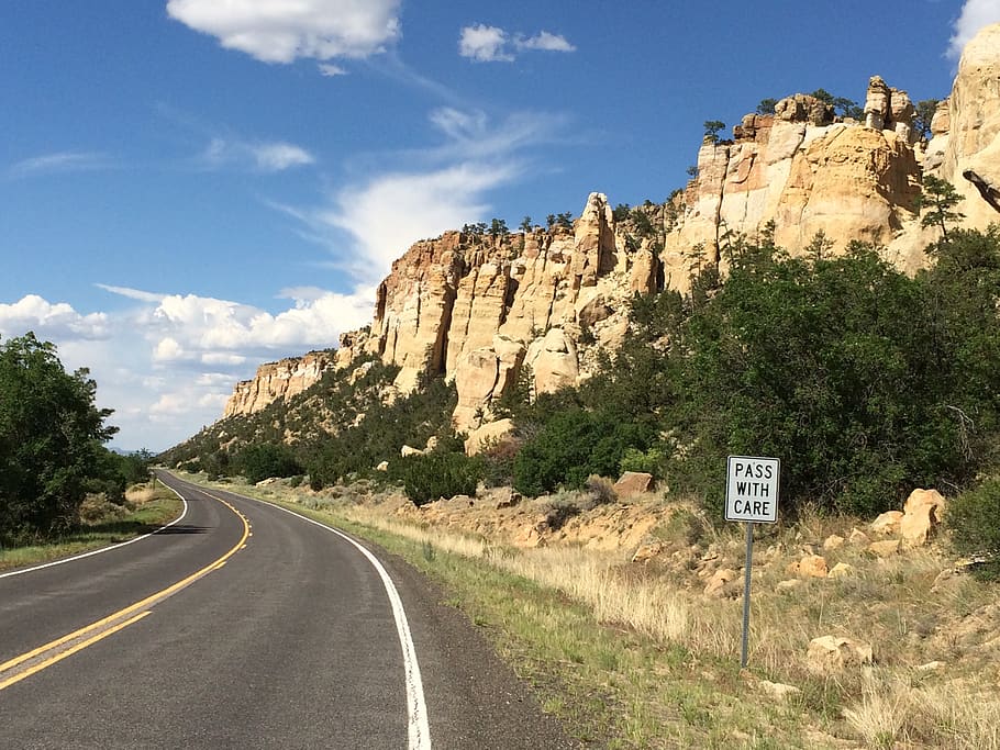 cliffs, rocks, highway, southwest, mountains, outcropping, road HD wallpaper