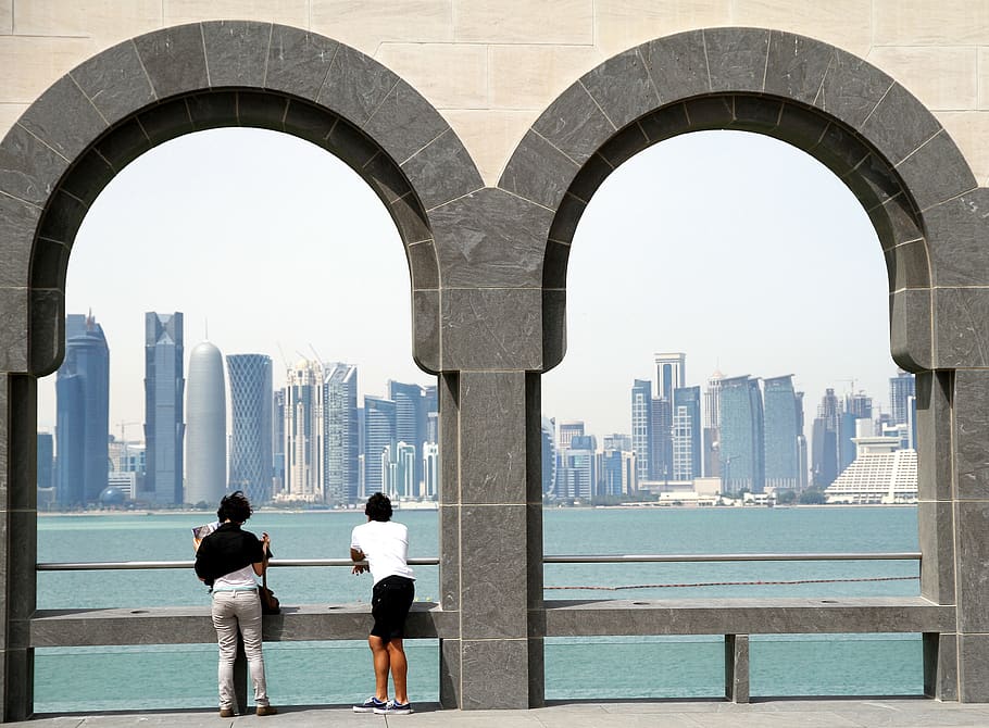 doha, city, museum, islamic, art, tourists, two, people, standing HD wallpaper