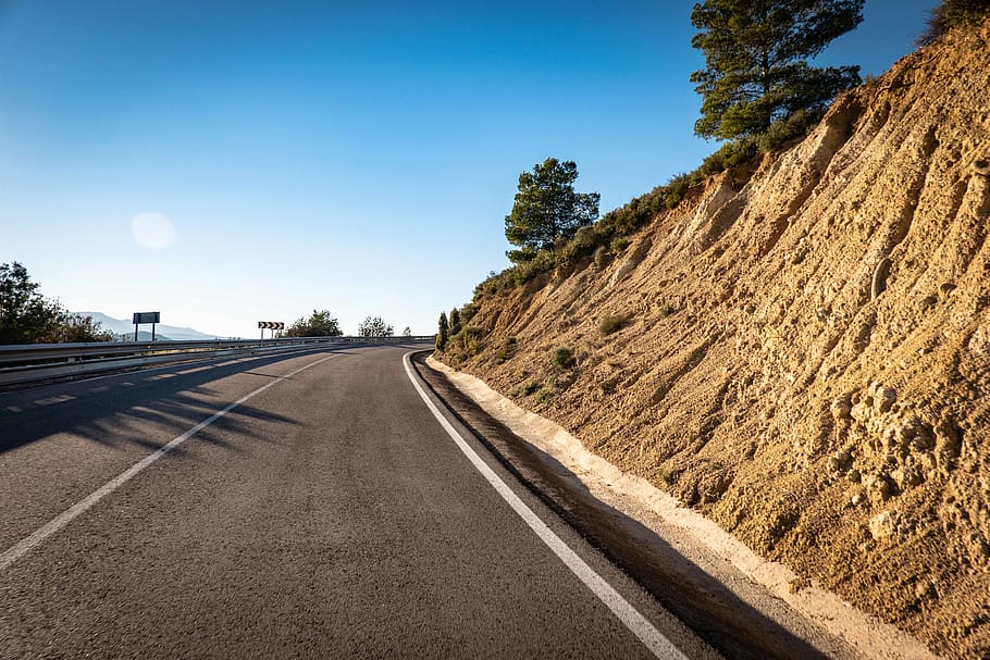 road and trees, asphalt, tarmac, way, highway, slope, soil, path HD wallpaper