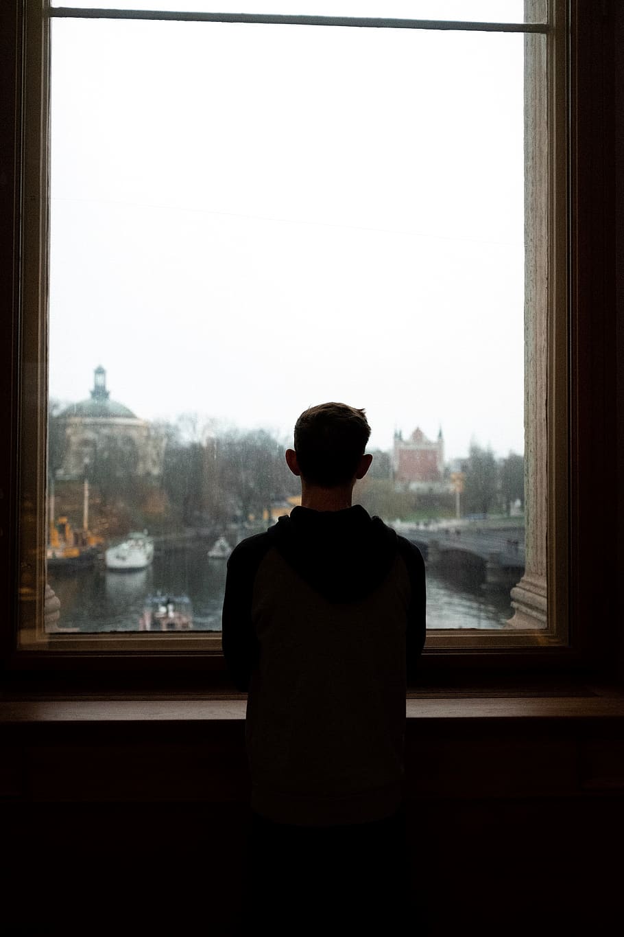 silhouette of man watching at the window, home decor, person