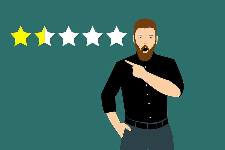 Illustration of man with not very good star ratings., survey