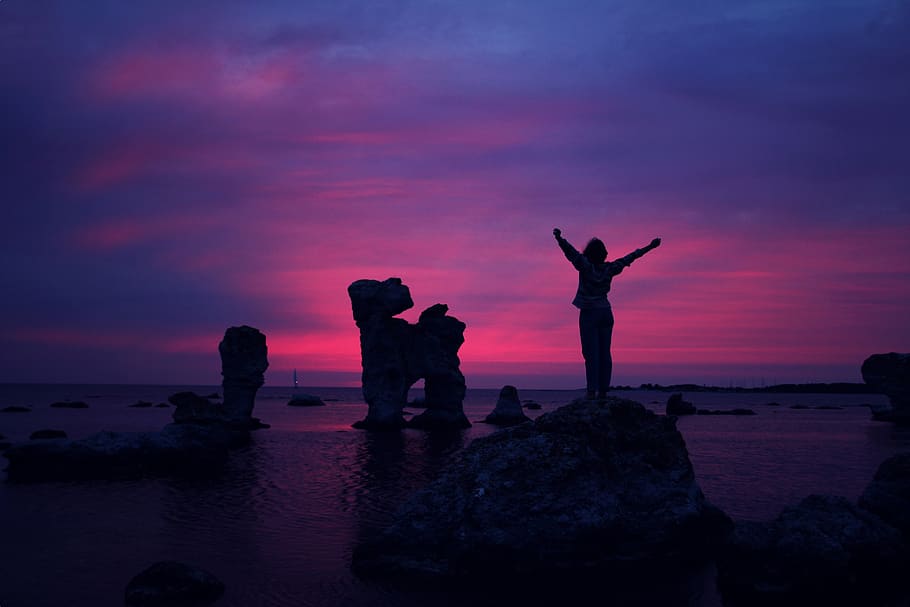 purple, pink, sky, sunset, dusk, silhouette, shadow, rocks HD wallpaper