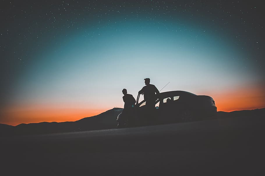silhouette of two men beside car, people, couple, sunset, sunrise