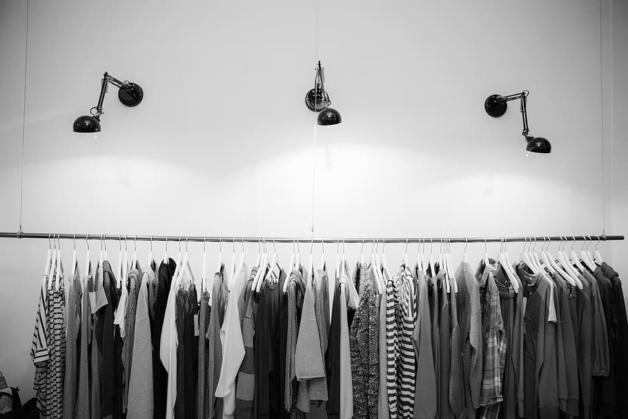 Grayscale Photography of Assorted Shirts Hanged on Clothes Rack, HD wallpaper