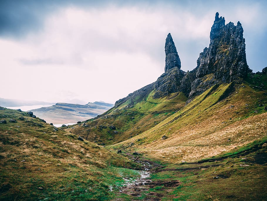 brown rock formation under white sky, mountain, scenics - nature HD wallpaper