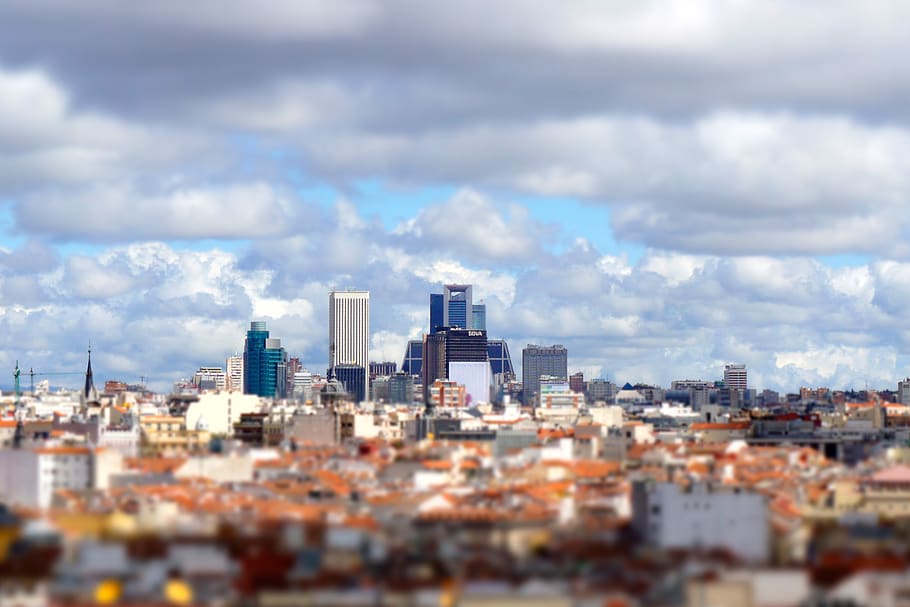 madrid, spain, roofs, clouds, skyline, building exterior, cityscape