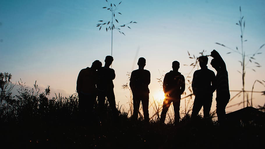Silhouette Group of People Standing on Grass Field, backlit, boys HD wallpaper