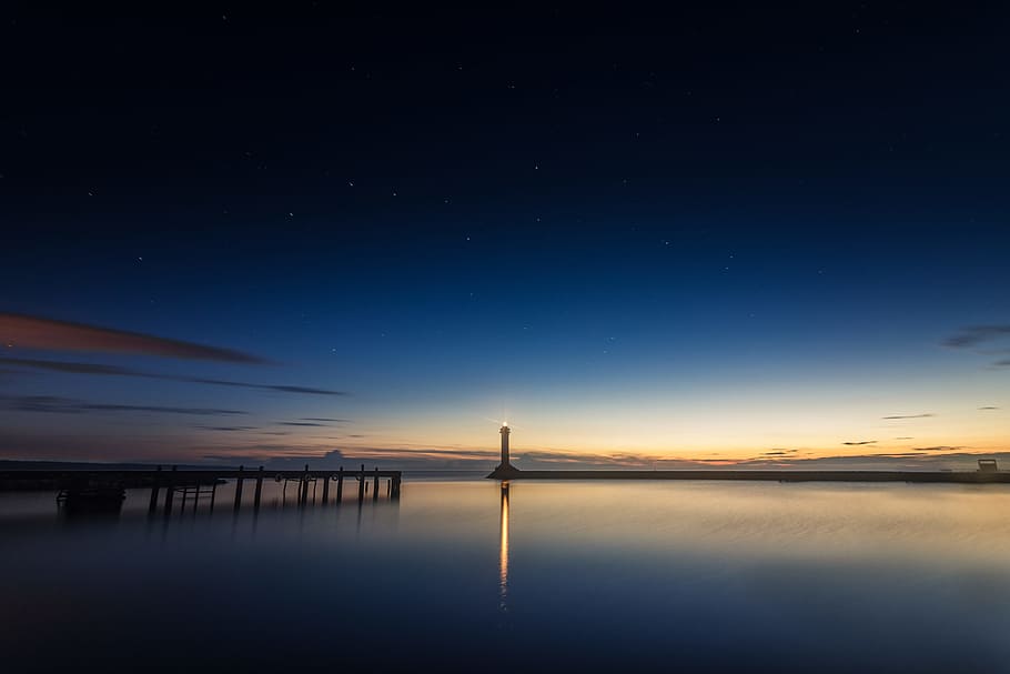 Calm Ocean Panoramic Photography, backlit, beach, blue sky, Dark Sky
