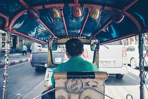 man, guy, vehicle, back, transportation, cars, road, mirror HD wallpaper