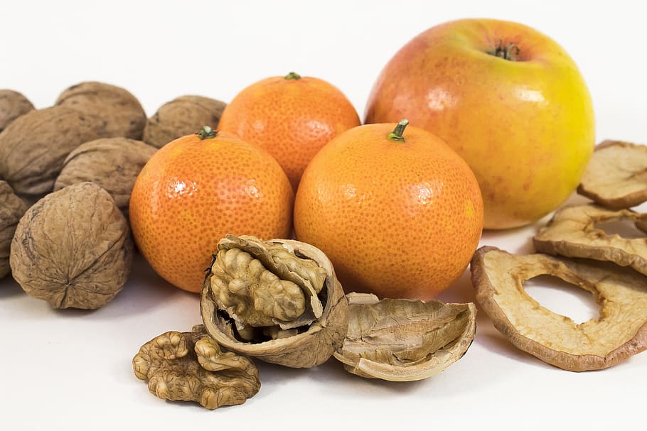 walnut, mandarin, apple, snack, fresh, healthy, advent, food HD wallpaper