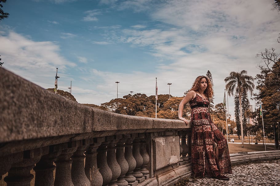Woman Leaning on Baluster, clouds, daylight, dress, environment HD wallpaper