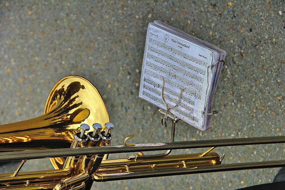 musical instrument, wind instrument, trombone, brass band, musician