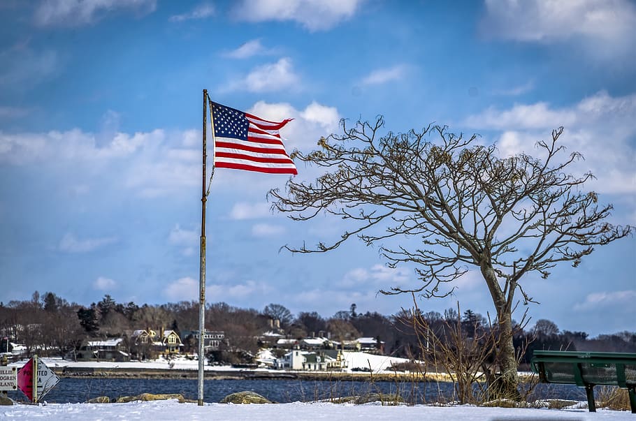 flag, tree, scenic, landscape, sky, building, outdoor, patriotism HD wallpaper