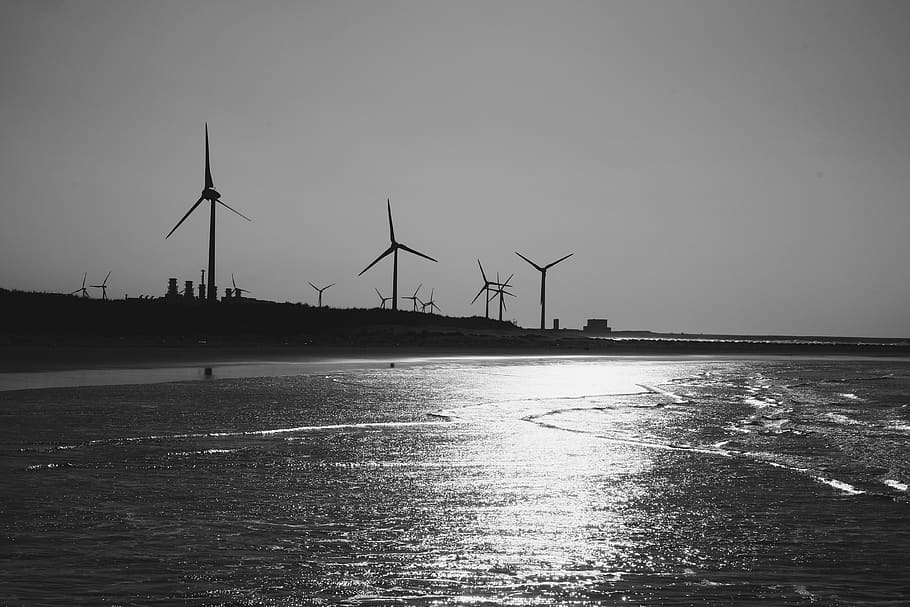 sea, ocean, windmill, seaside, sea side, beach, black and white