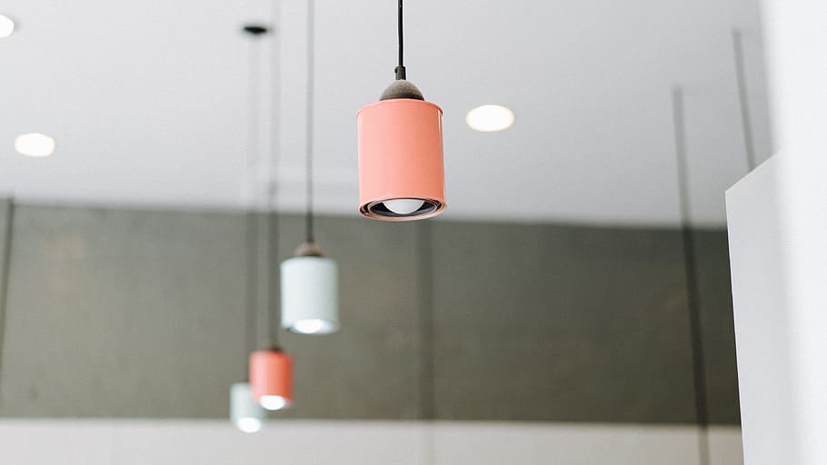orange and white pendant mounted on ceiling, light, bulb, interior HD wallpaper
