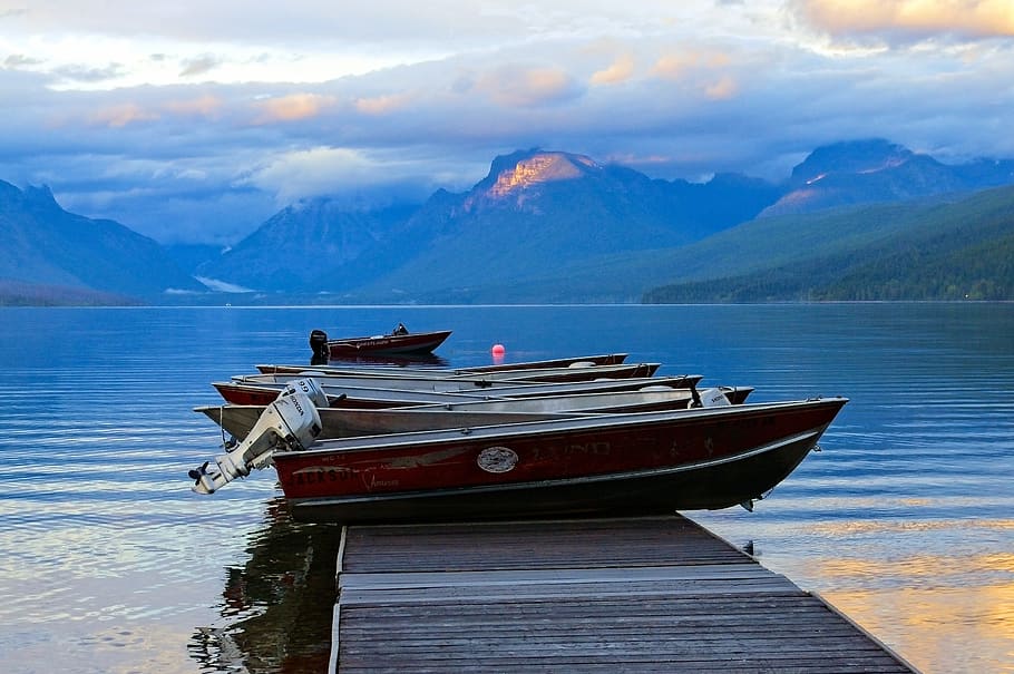 rental boats, lake mcdonald, water, glacier, national, park, HD wallpaper