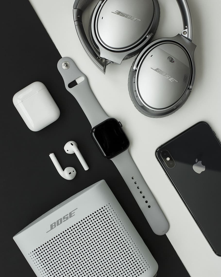 gray Bose headphones, Apple Watch and iPhone on white and black surface, HD wallpaper