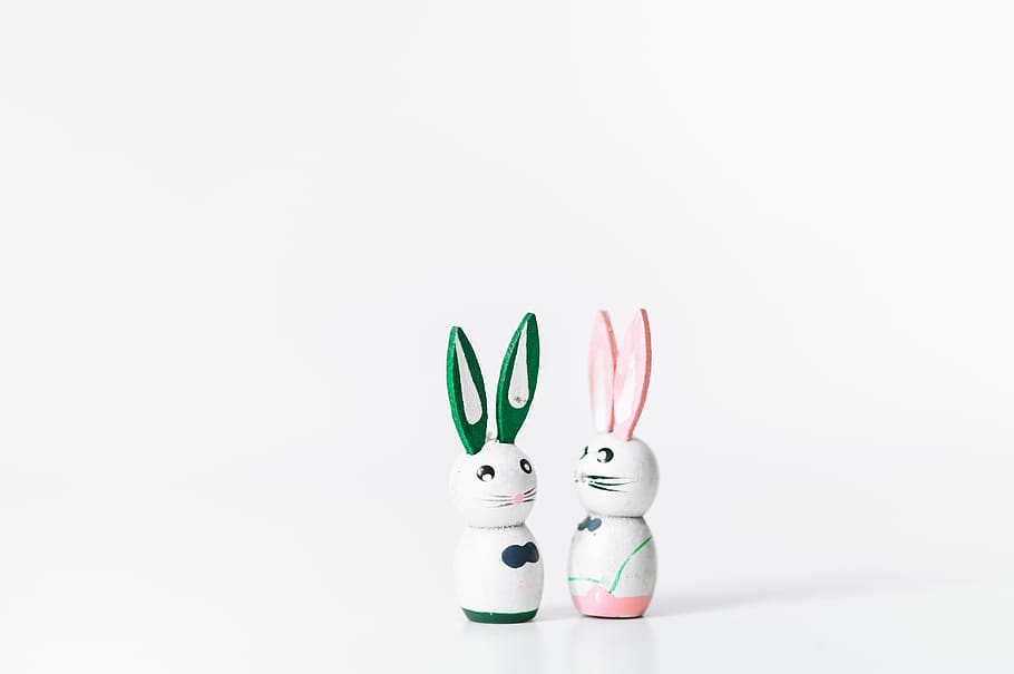 two rabbit figurines, studio shot, representation, indoors, animal representation HD wallpaper
