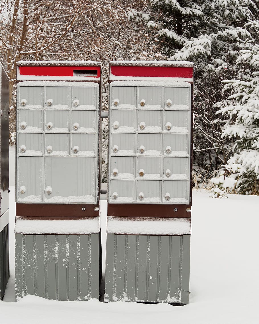 Community mail boxes in winter., mailbox, canadian, canada, communicate, HD wallpaper