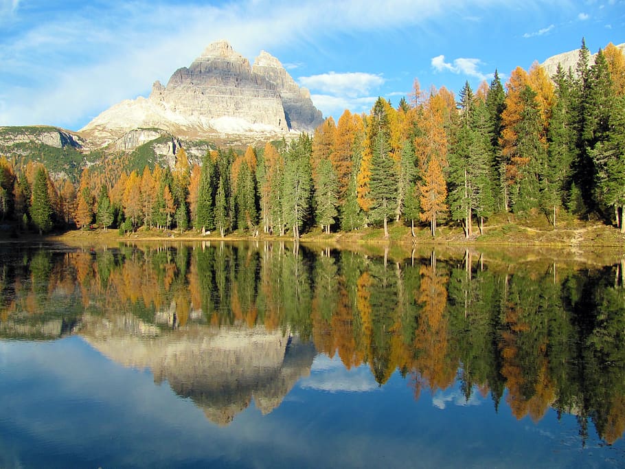 mountain, landscape, trees, forest, nature, autumn, lake, water HD wallpaper