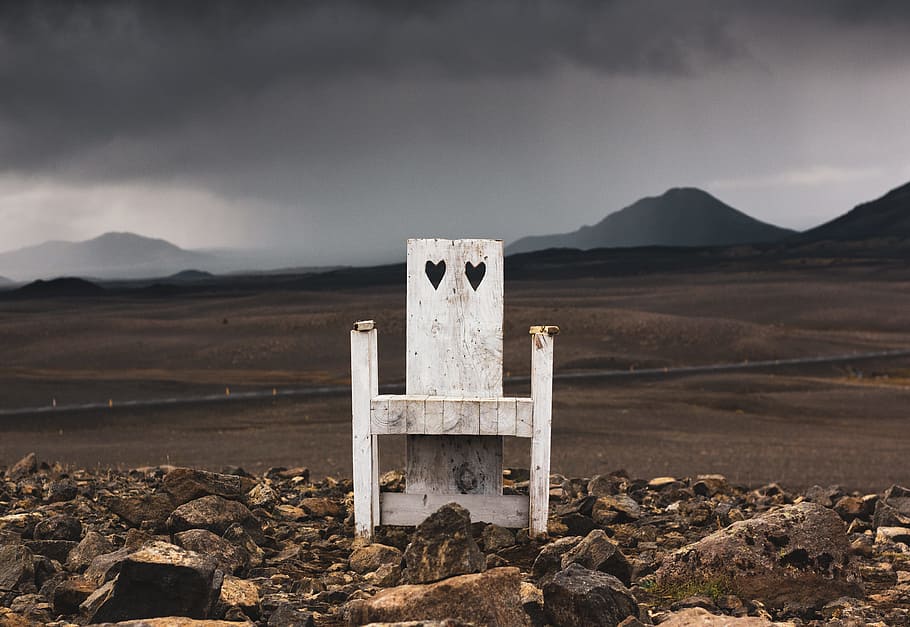 white wooden tomb on field, chair, rocky, seat, empty, heart