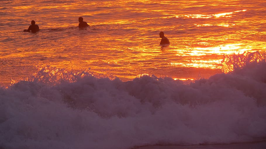 united kingdom, porthleven, sunset, sea, surfing, orange color, HD wallpaper