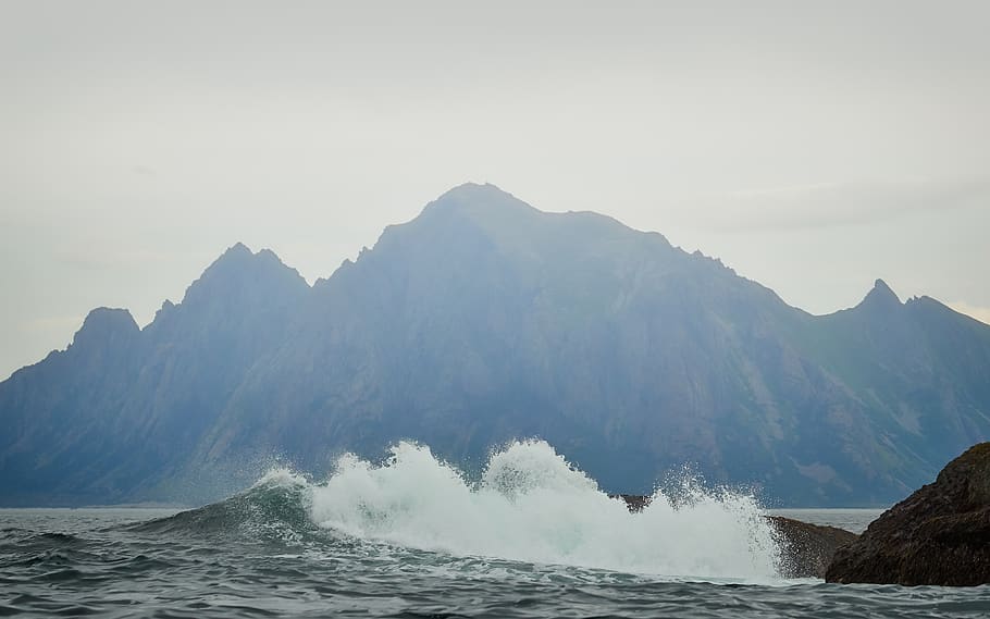 norway, hovden, wave, mountains, spalsh, sea, nature, water HD wallpaper