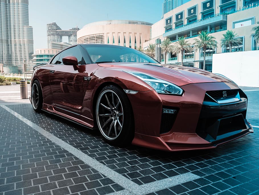red coupe, building exterior, built structure, architecture, mode of transportation HD wallpaper