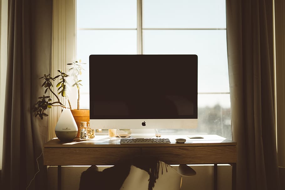 silver iMac turned off, table, window, indoors, no people, furniture HD wallpaper