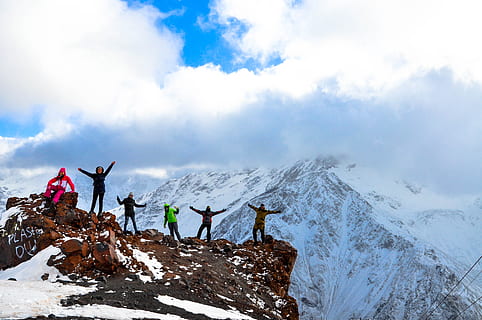 mountains, team, camping, elbrus, people, adventure, sky, nature HD wallpaper