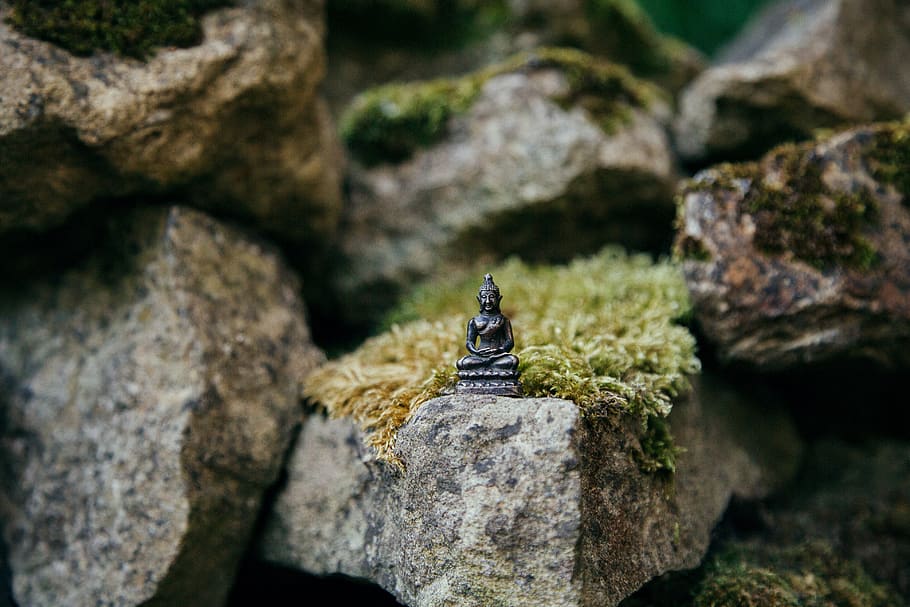 boulder, buddha, close-up, environment, mini, miniature, moss HD wallpaper
