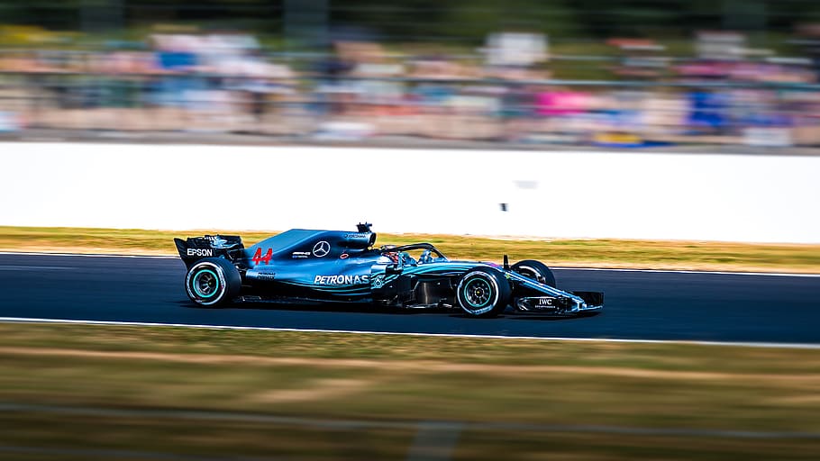 blue F1 racing car, track, motion, movement, formula 1, power