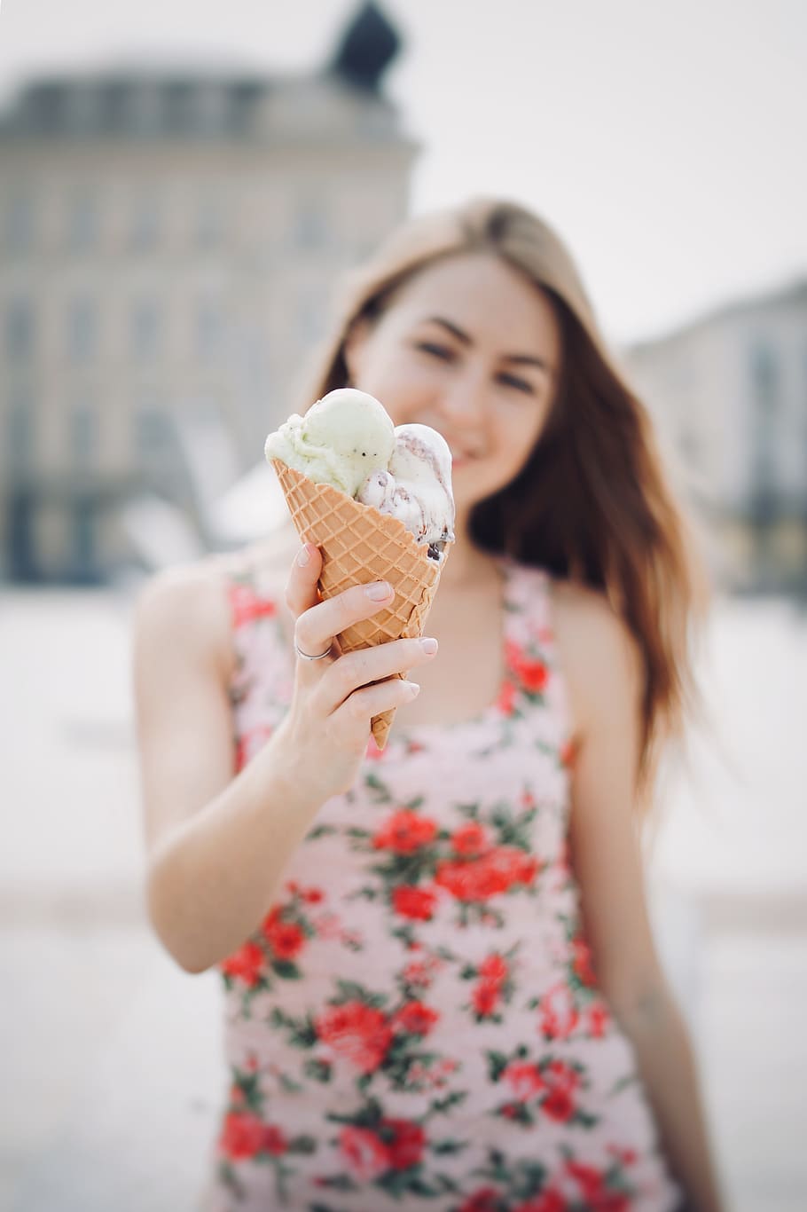 selective focus photography of woman holding ice cream in cone, HD wallpaper