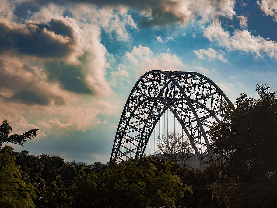 Photo of Steel Structure On Forest, 4k wallpaper, bridge, cloudiness HD wallpaper