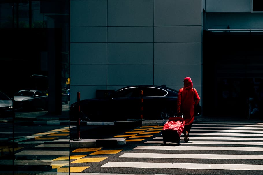 man in red hoodie, tarmac, asphalt, road, human, person, zebra crossing, HD wallpaper