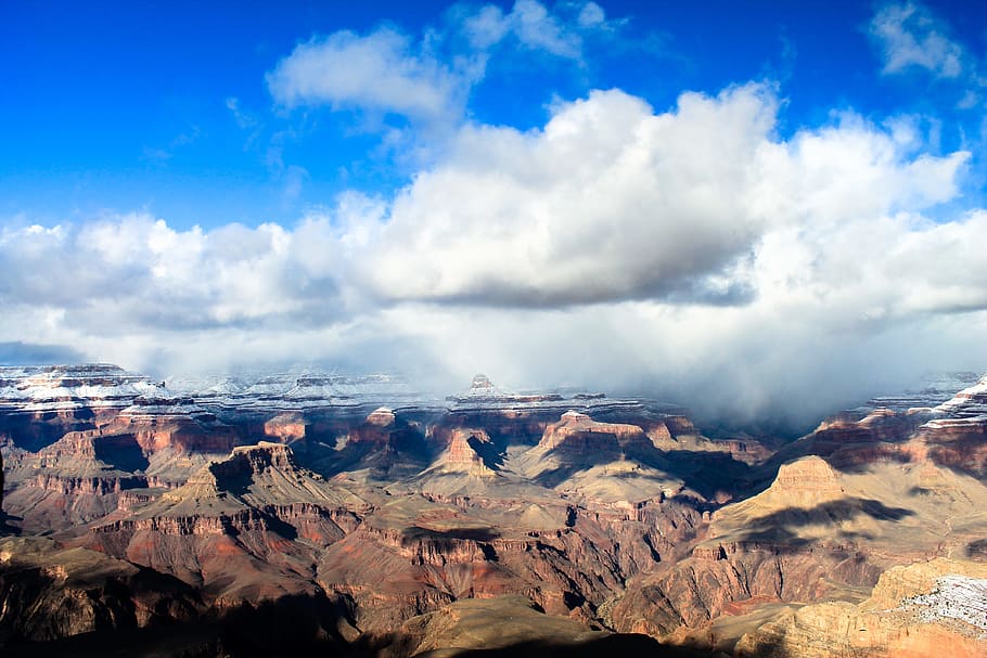 Brown Mountain, america, arizona, blue, canyon, cliff, clouds, HD wallpaper