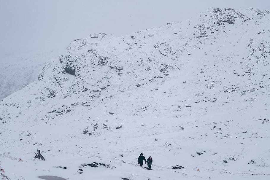 two people walking on snow, outdoors, nature, mountain, person HD wallpaper