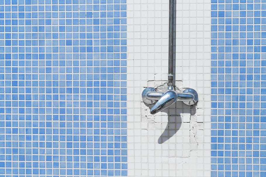 silver faucet, tile, flooring, blue, bathroom, metal, wall - building feature HD wallpaper