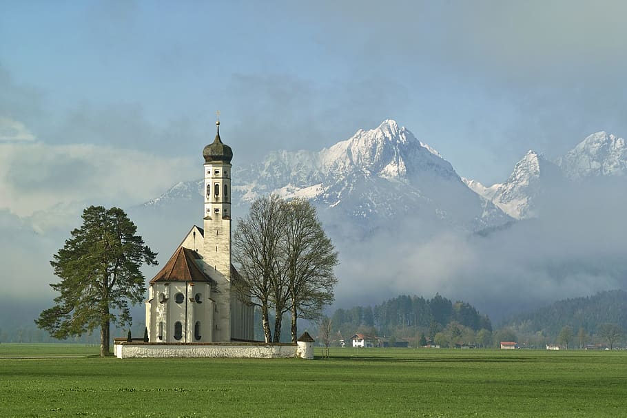 saint coloman, church, architecture, schwangau, spring, mountains, HD wallpaper