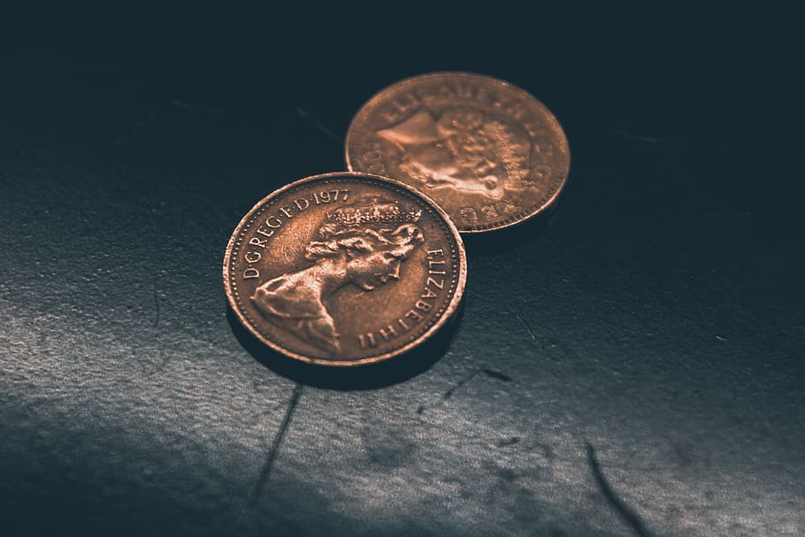 two round gold-colored coins, currency, finance, business, metal HD wallpaper