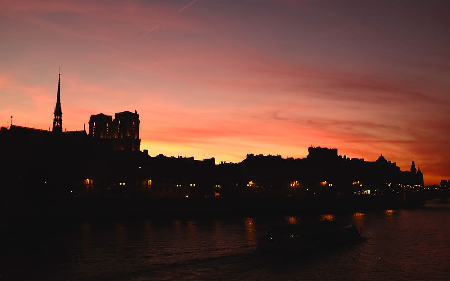 seine, river, sunset, boat, paris, city, life, landscape, paris sunset, HD wallpaper